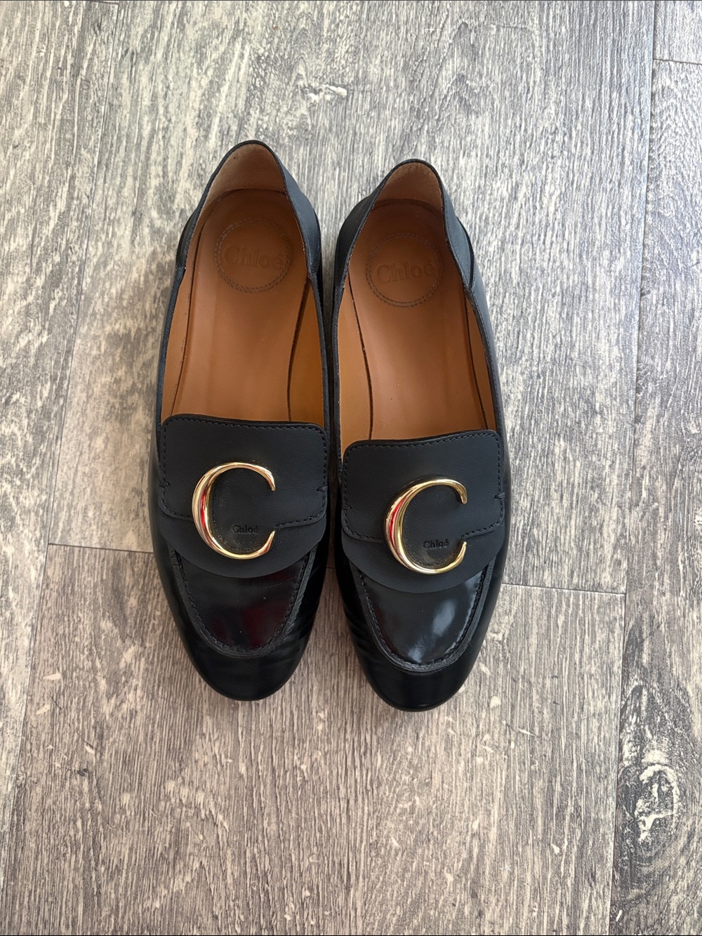 Chloe Black Leather Loafers with Gold C Hardware